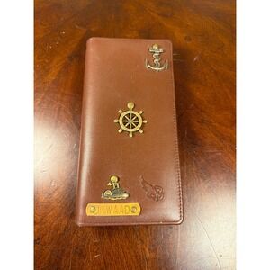 Brown Leather Nautical Bifold Long Wallet Anchor Ship Wheel Charms Hand Strap
